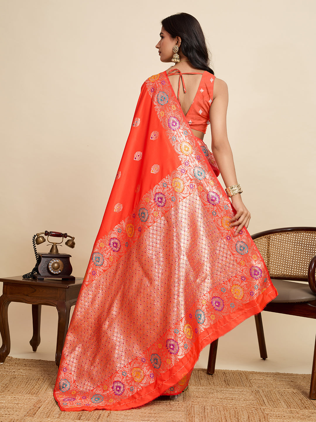 Vedant Vastram Soft Litchi Silk Banarasi Silk Jacquard Saree - Coral | Grocsy
