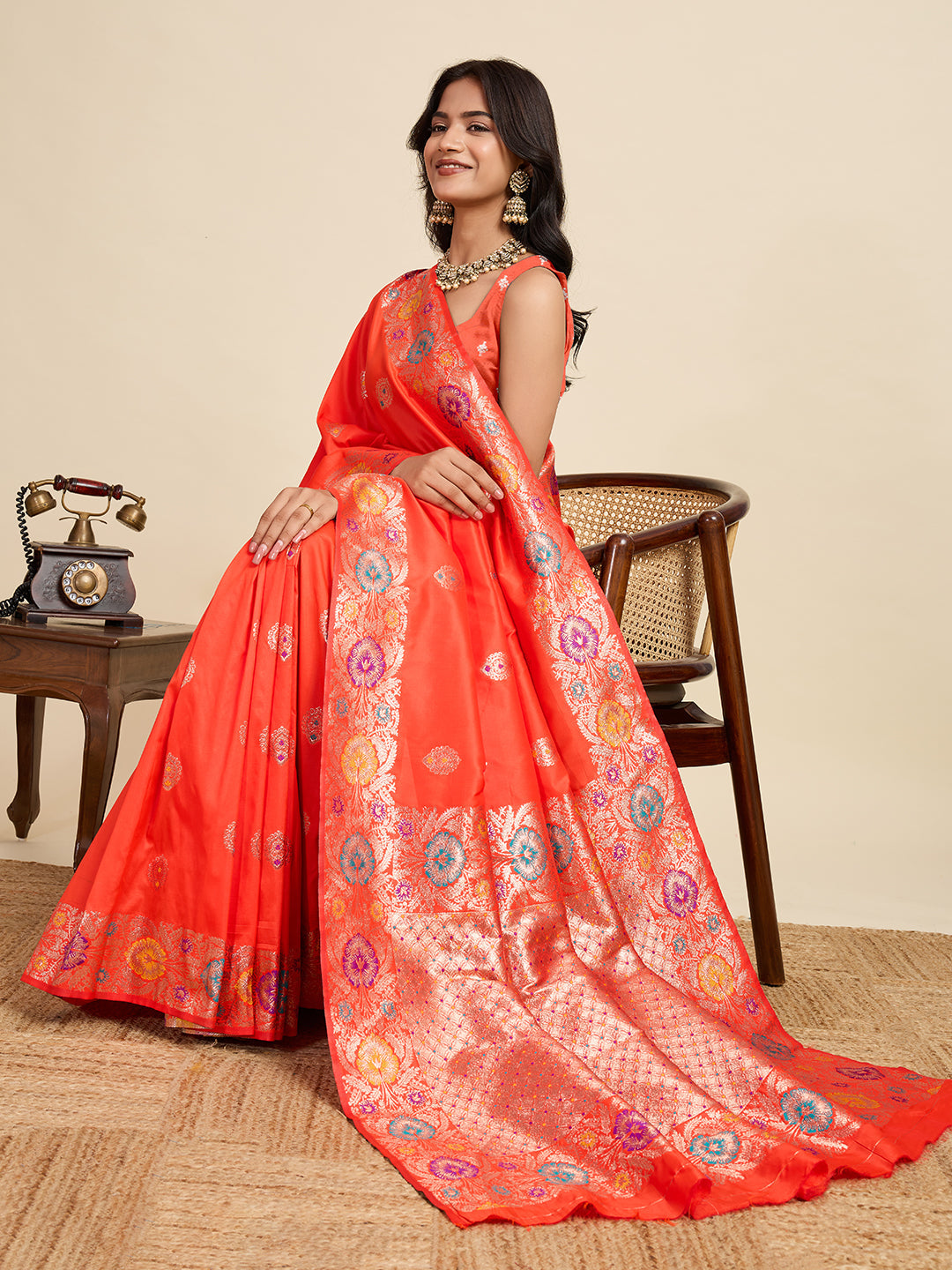 Vedant Vastram Soft Litchi Silk Banarasi Silk Jacquard Saree - Coral | Grocsy