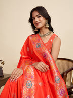 Vedant Vastram Soft Litchi Silk Banarasi Silk Jacquard Saree - Coral | Grocsy