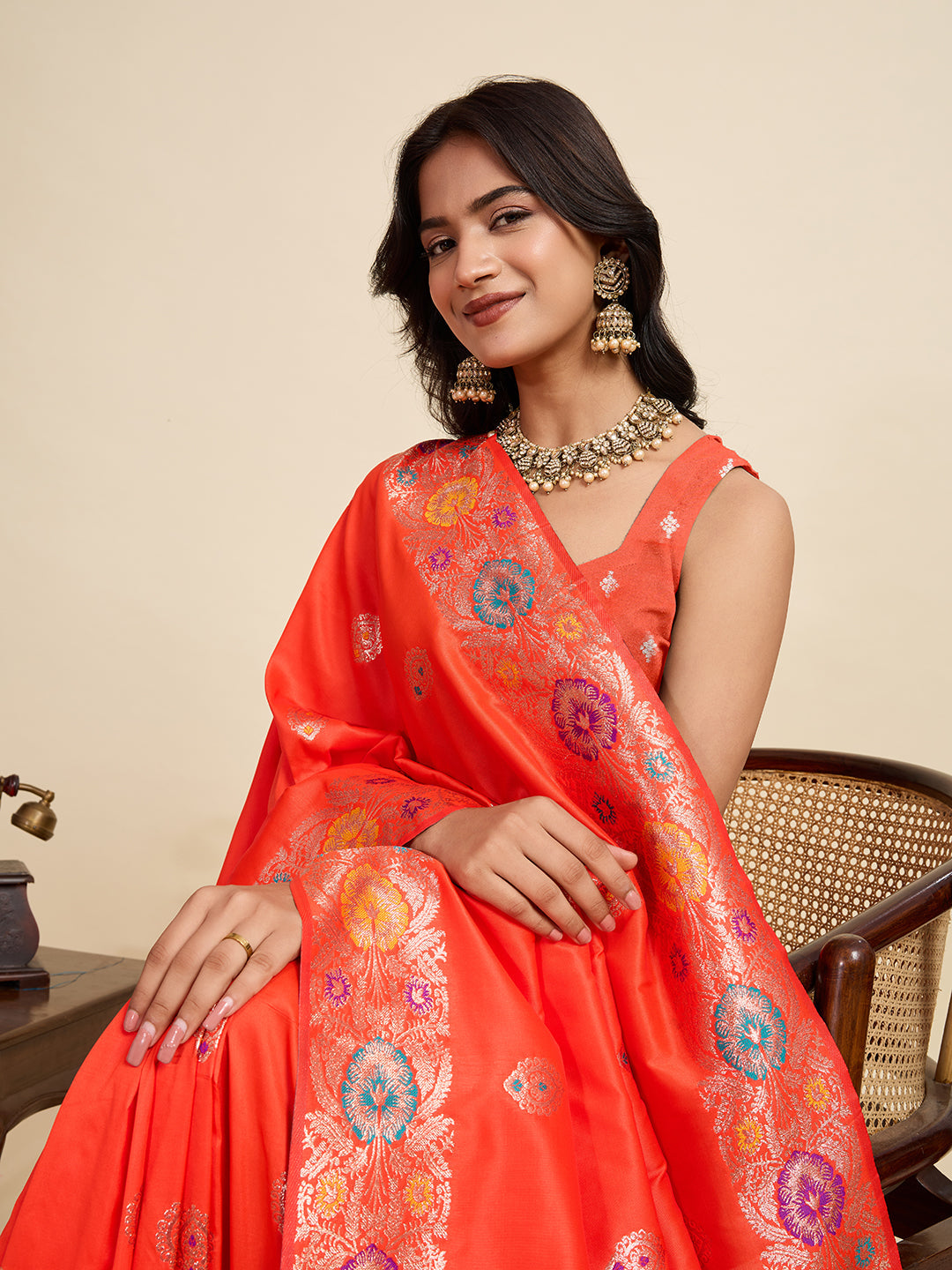 Vedant Vastram Soft Litchi Silk Banarasi Silk Jacquard Saree - Coral | Grocsy