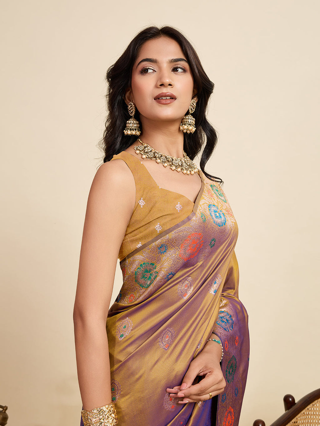 Vedant Vastram Soft Litchi Silk Banarasi Silk Jacquard Saree - Gold | Grocsy