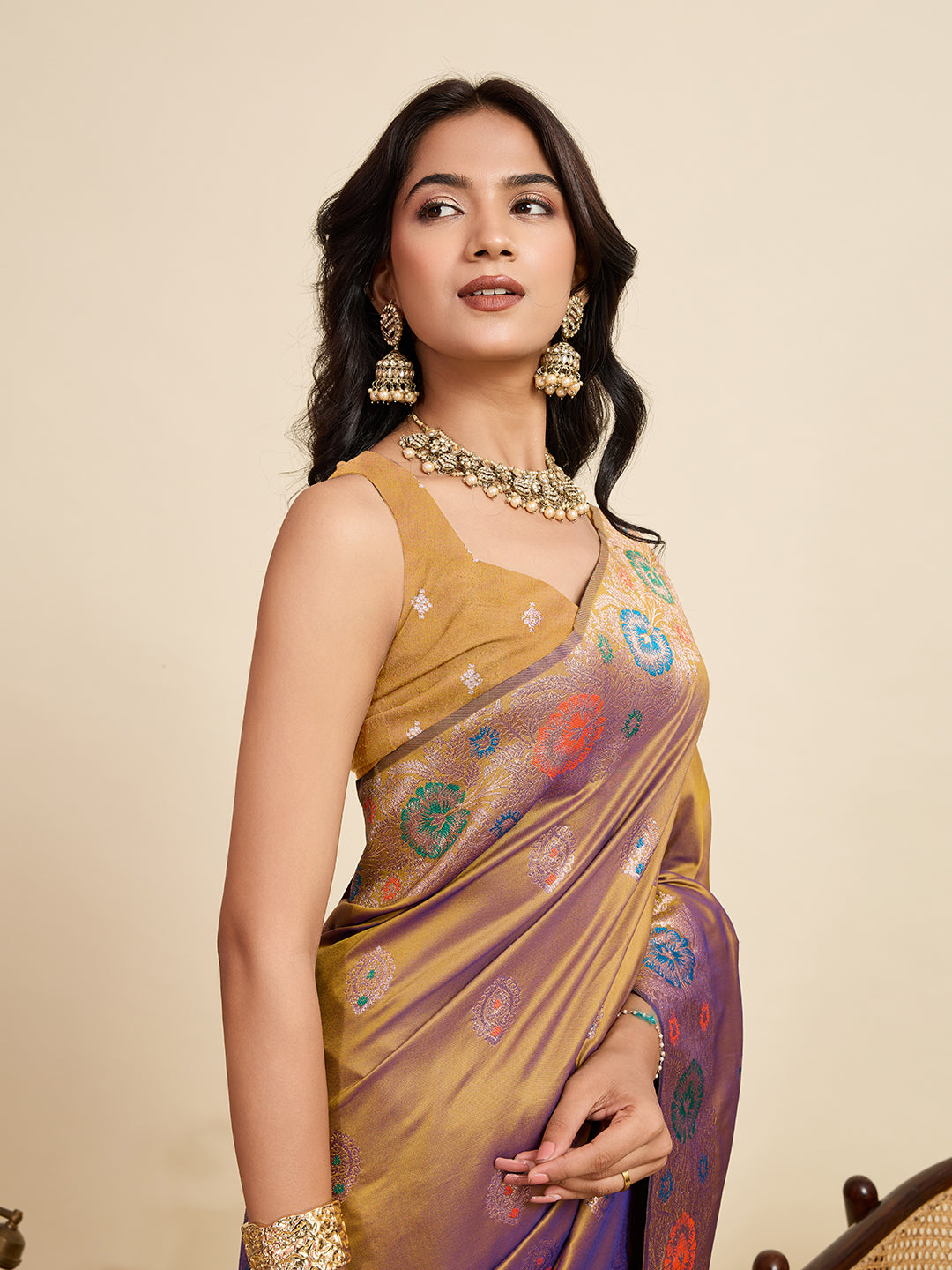 Vedant Vastram Soft Litchi Silk Banarasi Silk Jacquard Saree - Gold | Grocsy