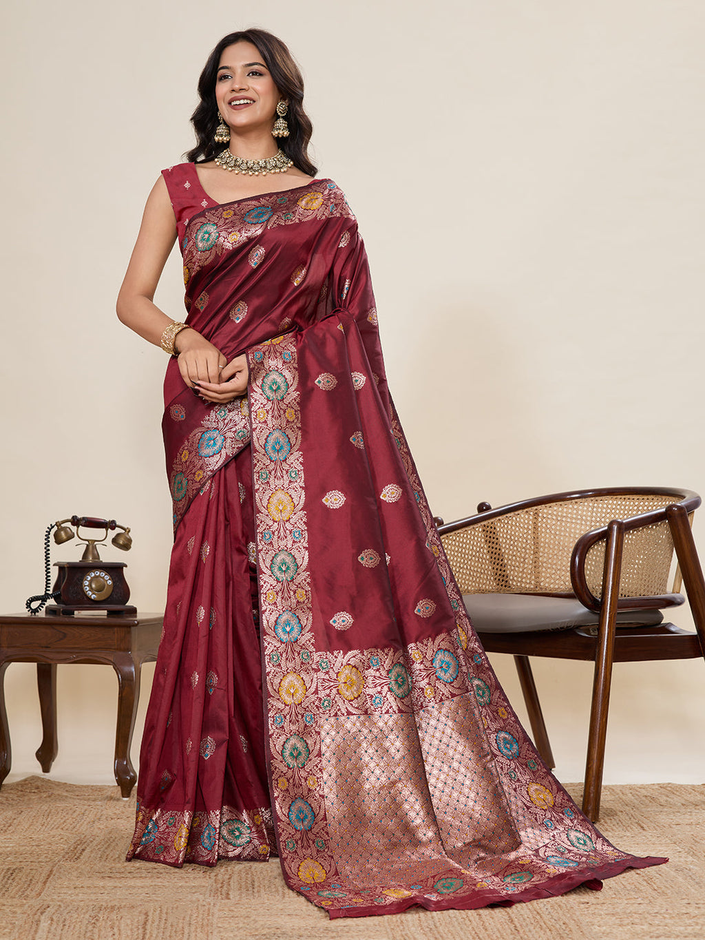 Vedant Vastram Soft Litchi Silk Banarasi Silk Jacquard Saree - Maroon | Grocsy