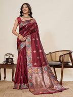 Vedant Vastram Soft Litchi Silk Banarasi Silk Jacquard Saree - Maroon | Grocsy