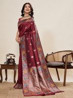 Vedant Vastram Soft Litchi Silk Banarasi Silk Jacquard Saree - Maroon | Grocsy