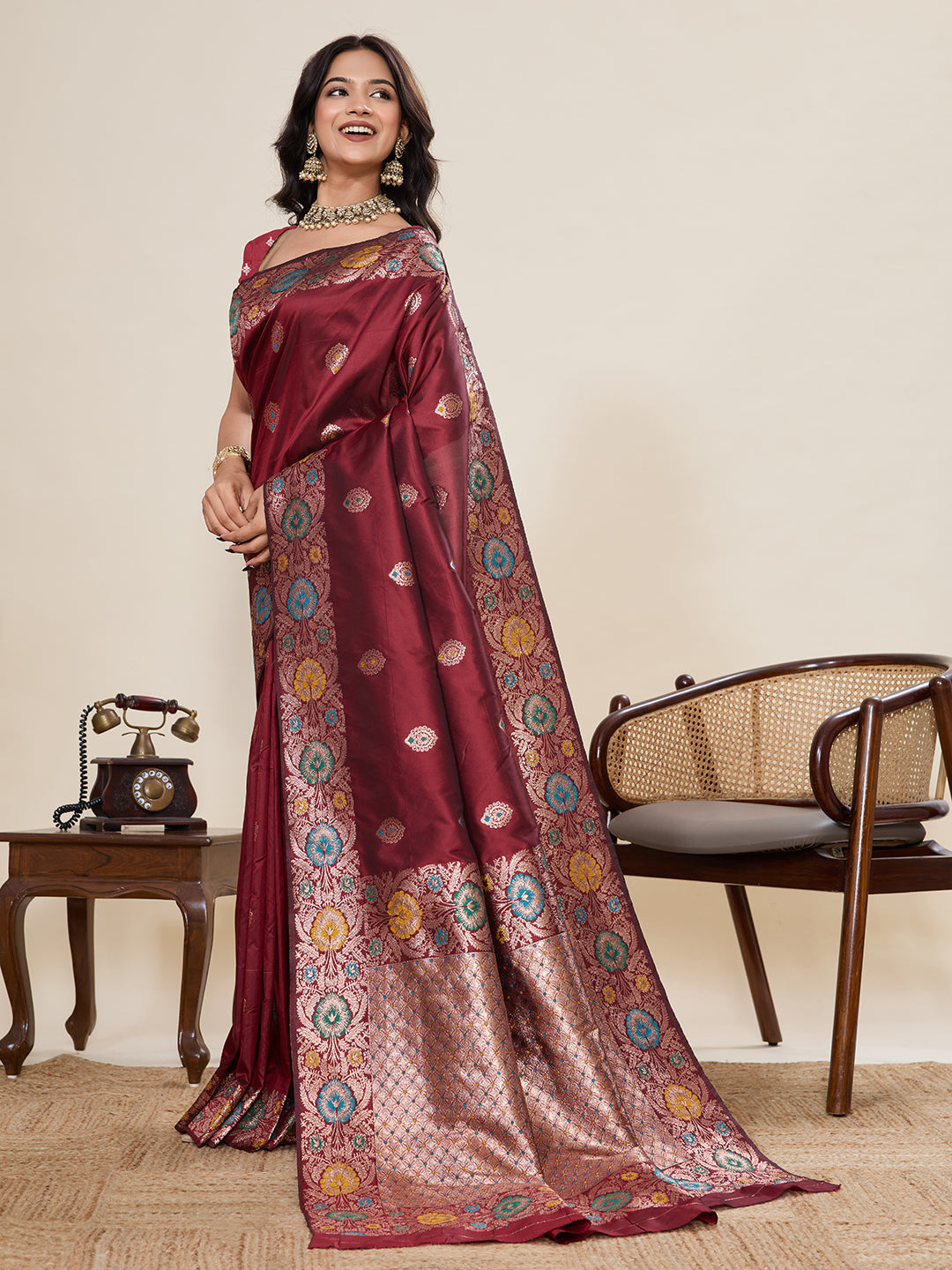 Vedant Vastram Soft Litchi Silk Banarasi Silk Jacquard Saree - Maroon | Grocsy