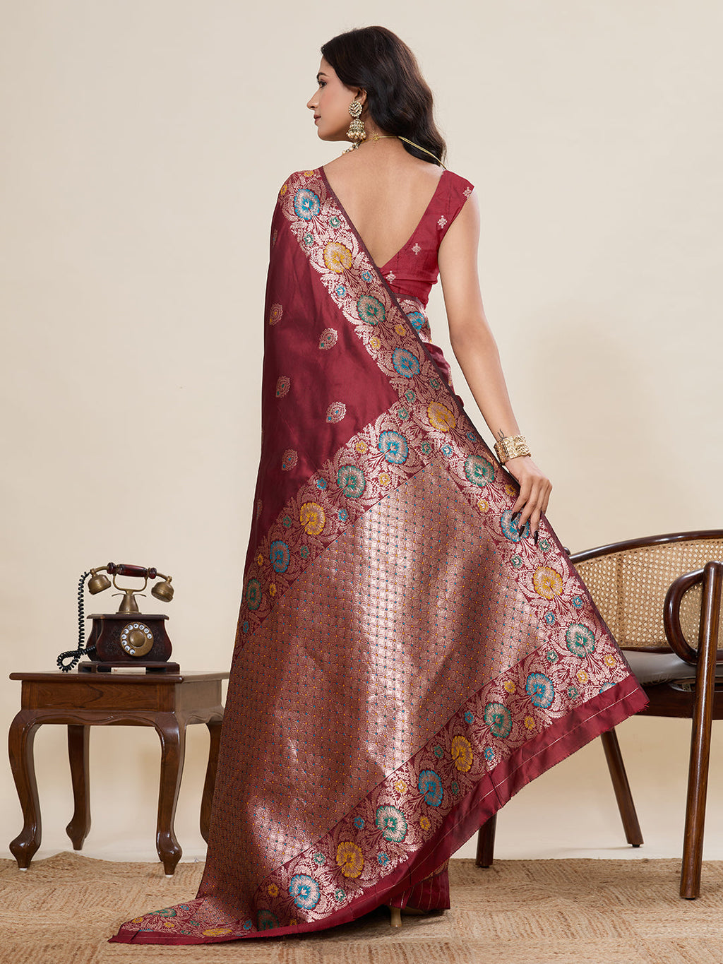 Vedant Vastram Soft Litchi Silk Banarasi Silk Jacquard Saree - Maroon | Grocsy