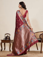 Vedant Vastram Soft Litchi Silk Banarasi Silk Jacquard Saree - Maroon | Grocsy