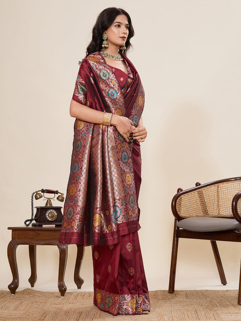 Vedant Vastram Soft Litchi Silk Banarasi Silk Jacquard Saree - Maroon | Grocsy