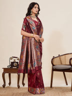 Vedant Vastram Soft Litchi Silk Banarasi Silk Jacquard Saree - Maroon | Grocsy