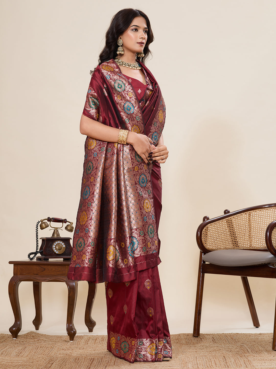 Vedant Vastram Soft Litchi Silk Banarasi Silk Jacquard Saree - Maroon | Grocsy