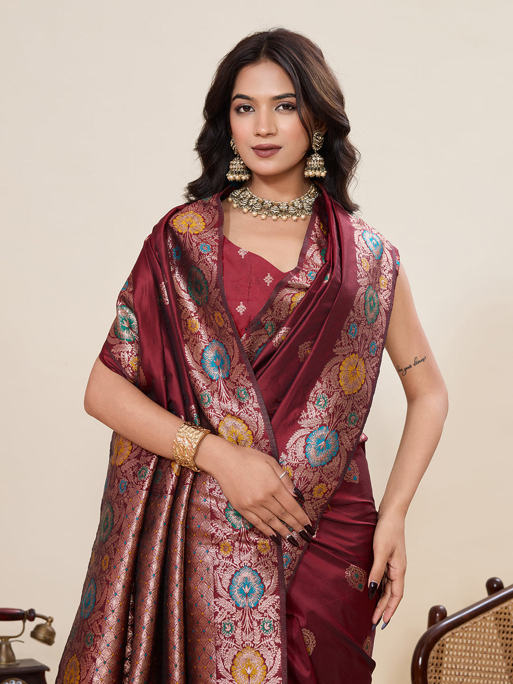 Vedant Vastram Soft Litchi Silk Banarasi Silk Jacquard Saree - Maroon | Grocsy
