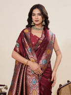 Vedant Vastram Soft Litchi Silk Banarasi Silk Jacquard Saree - Maroon | Grocsy