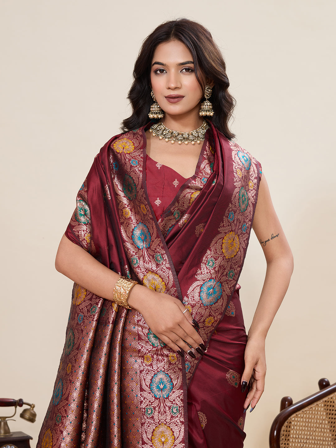 Vedant Vastram Soft Litchi Silk Banarasi Silk Jacquard Saree - Maroon | Grocsy