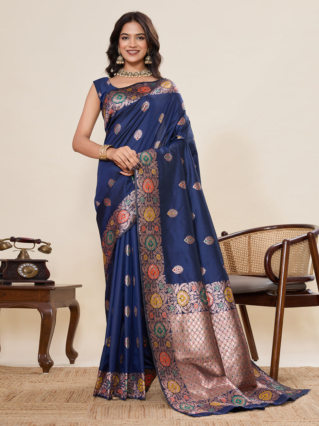 Vedant Vastram Soft Litchi Silk Banarasi Silk Jacquard Saree - Navy Blue | Grocsy