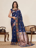 Vedant Vastram Soft Litchi Silk Banarasi Silk Jacquard Saree - Navy Blue | Grocsy