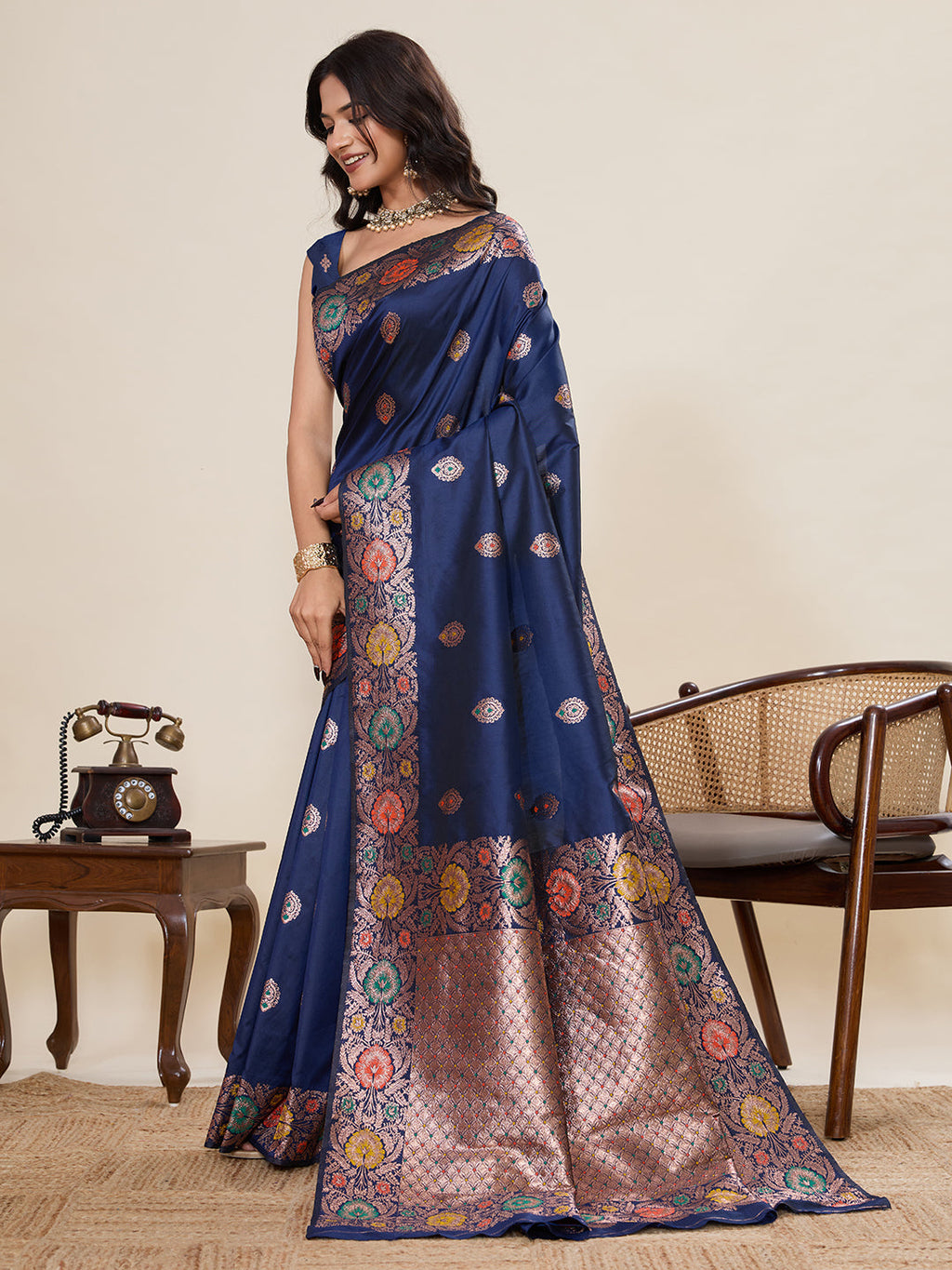 Vedant Vastram Soft Litchi Silk Banarasi Silk Jacquard Saree - Navy Blue | Grocsy