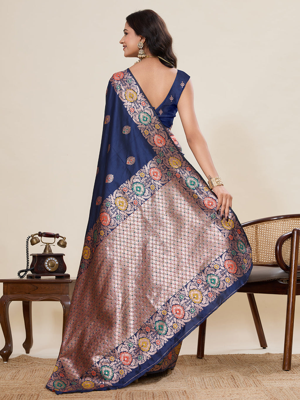 Vedant Vastram Soft Litchi Silk Banarasi Silk Jacquard Saree - Navy Blue | Grocsy
