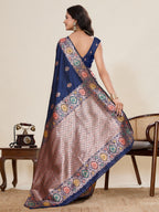 Vedant Vastram Soft Litchi Silk Banarasi Silk Jacquard Saree - Navy Blue | Grocsy