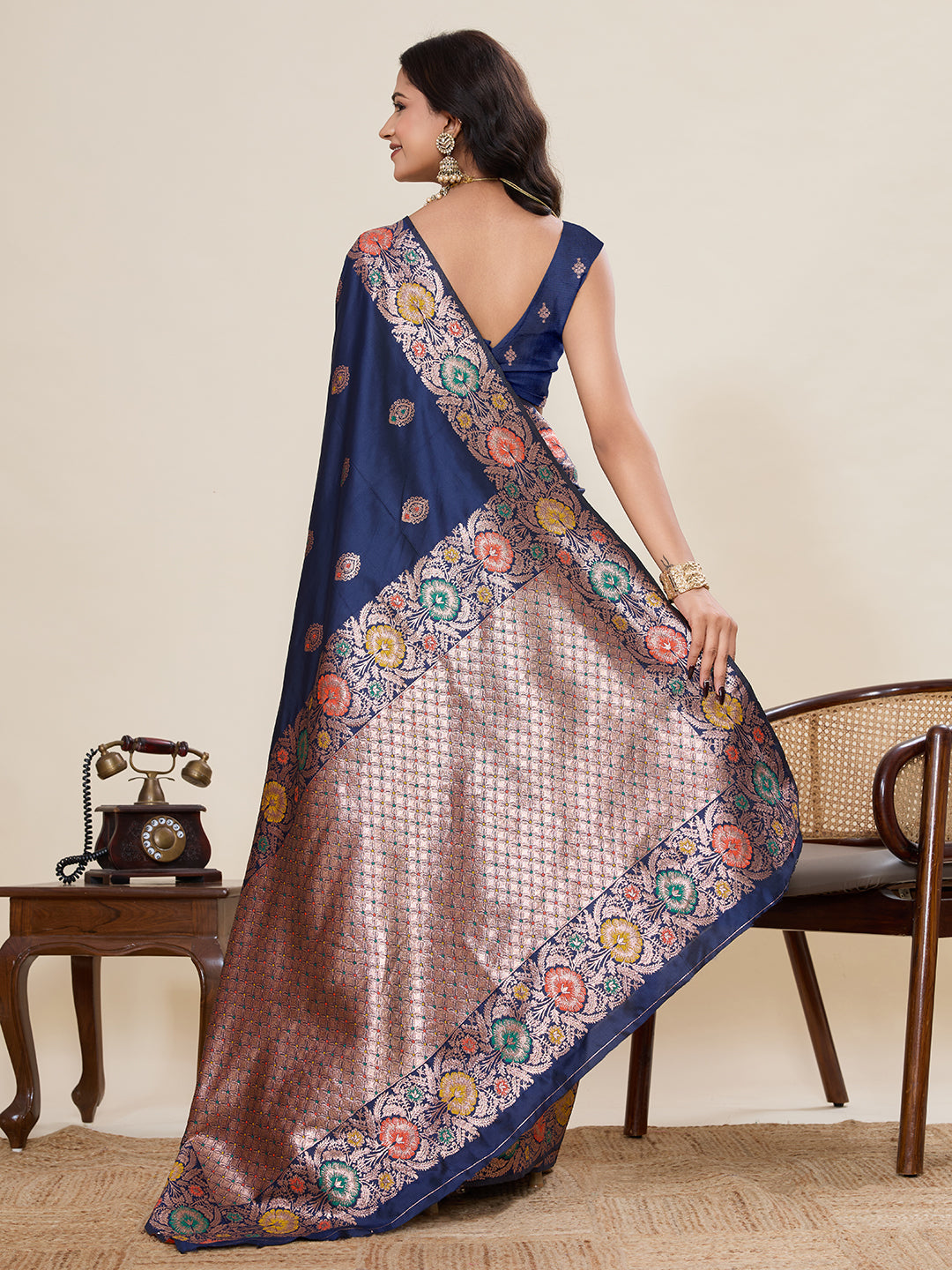 Vedant Vastram Soft Litchi Silk Banarasi Silk Jacquard Saree - Navy Blue | Grocsy