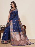 Vedant Vastram Soft Litchi Silk Banarasi Silk Jacquard Saree - Navy Blue | Grocsy