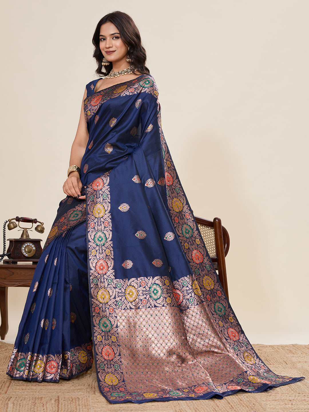 Vedant Vastram Soft Litchi Silk Banarasi Silk Jacquard Saree - Navy Blue | Grocsy