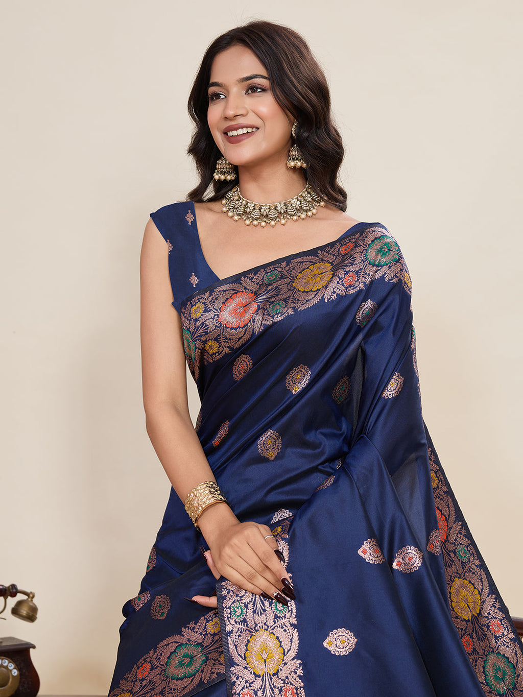 Vedant Vastram Soft Litchi Silk Banarasi Silk Jacquard Saree - Navy Blue | Grocsy