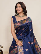 Vedant Vastram Soft Litchi Silk Banarasi Silk Jacquard Saree - Navy Blue | Grocsy