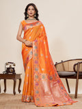 Vedant Vastram Soft Litchi Silk Banarasi Silk Jacquard Saree - Orange | Grocsy