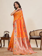 Vedant Vastram Soft Litchi Silk Banarasi Silk Jacquard Saree - Orange | Grocsy