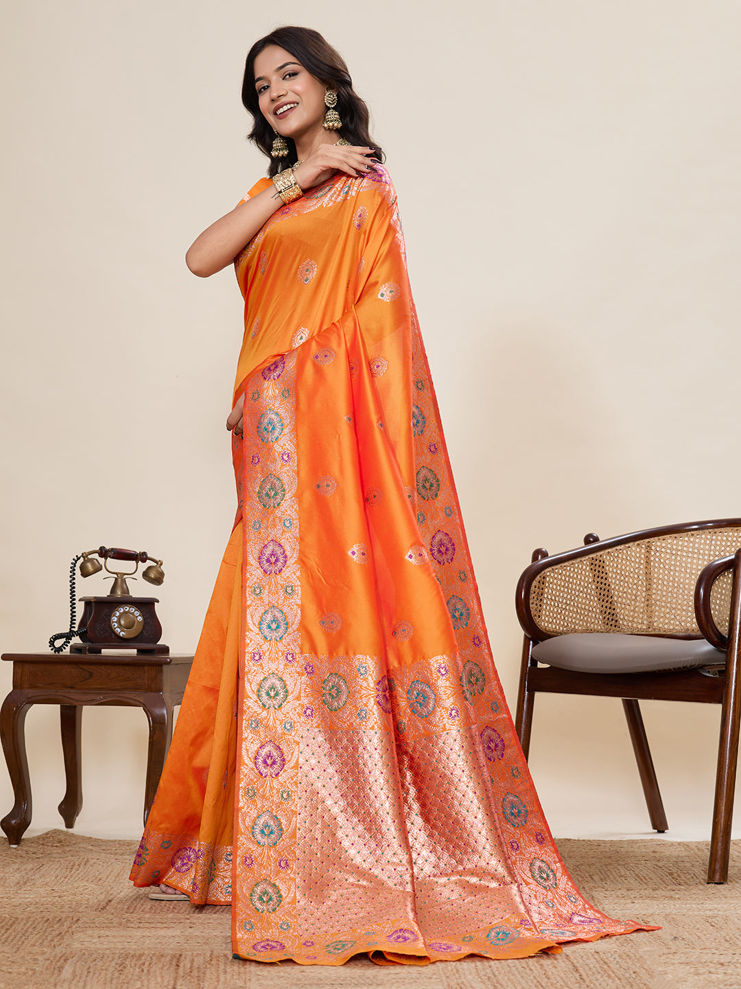 Vedant Vastram Soft Litchi Silk Banarasi Silk Jacquard Saree - Orange | Grocsy
