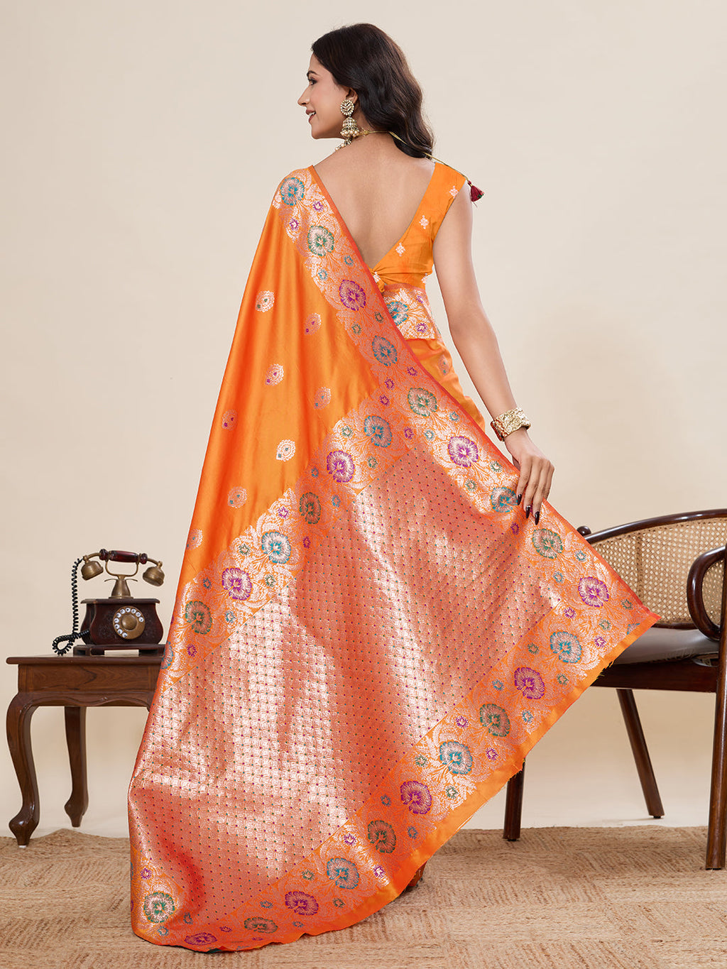 Vedant Vastram Soft Litchi Silk Banarasi Silk Jacquard Saree - Orange | Grocsy