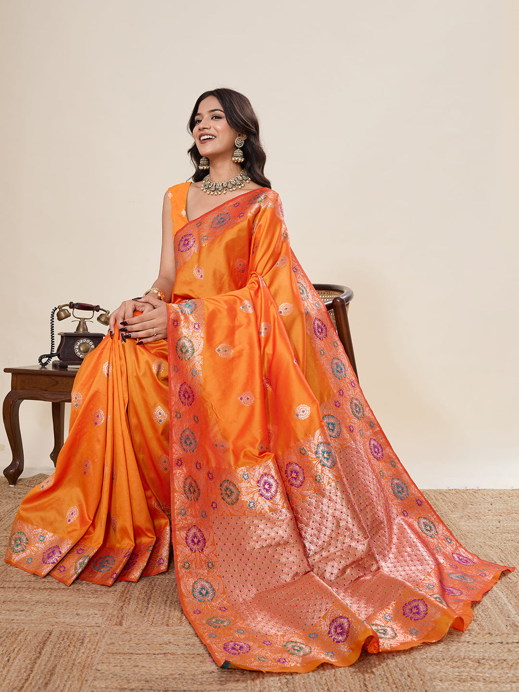 Vedant Vastram Soft Litchi Silk Banarasi Silk Jacquard Saree - Orange | Grocsy