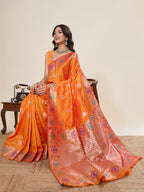 Vedant Vastram Soft Litchi Silk Banarasi Silk Jacquard Saree - Orange | Grocsy