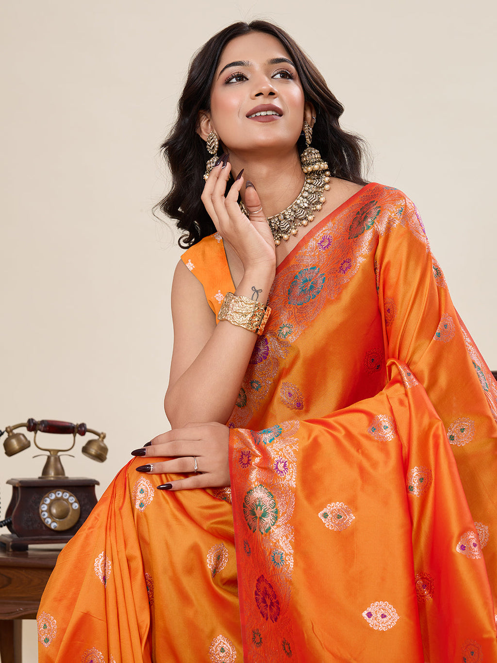Vedant Vastram Soft Litchi Silk Banarasi Silk Jacquard Saree - Orange | Grocsy