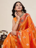 Vedant Vastram Soft Litchi Silk Banarasi Silk Jacquard Saree - Orange | Grocsy