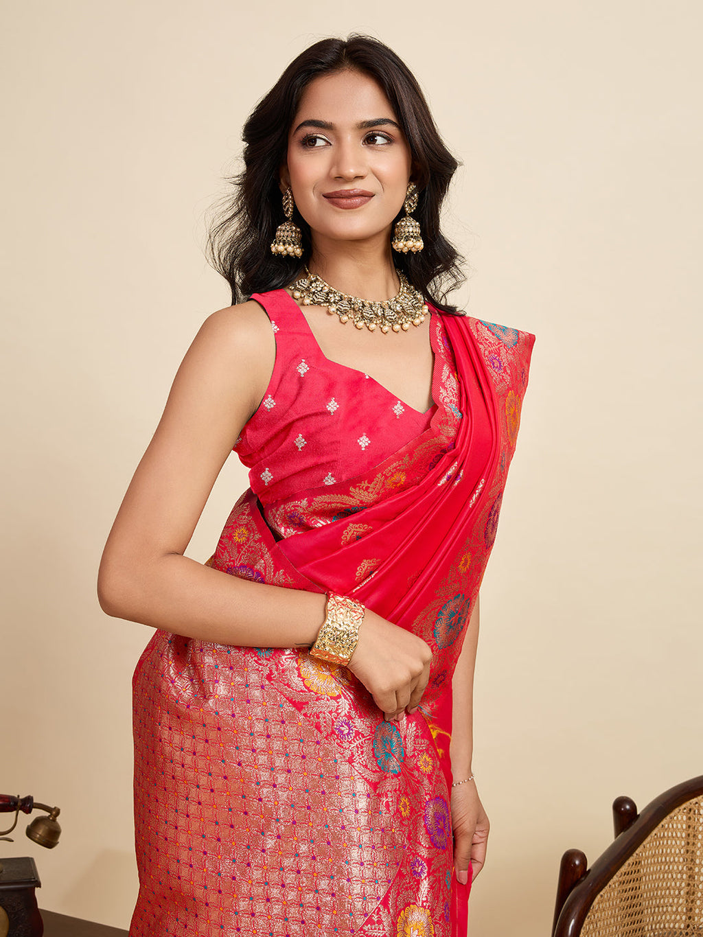 Vedant Vastram Soft Litchi Silk Banarasi Silk Jacquard Saree - Pink | Grocsy