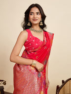 Vedant Vastram Soft Litchi Silk Banarasi Silk Jacquard Saree - Pink | Grocsy