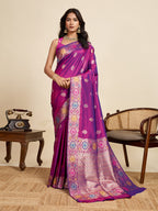 Vedant Vastram Soft Litchi Silk Banarasi Silk Jacquard Saree - Purple | Grocsy