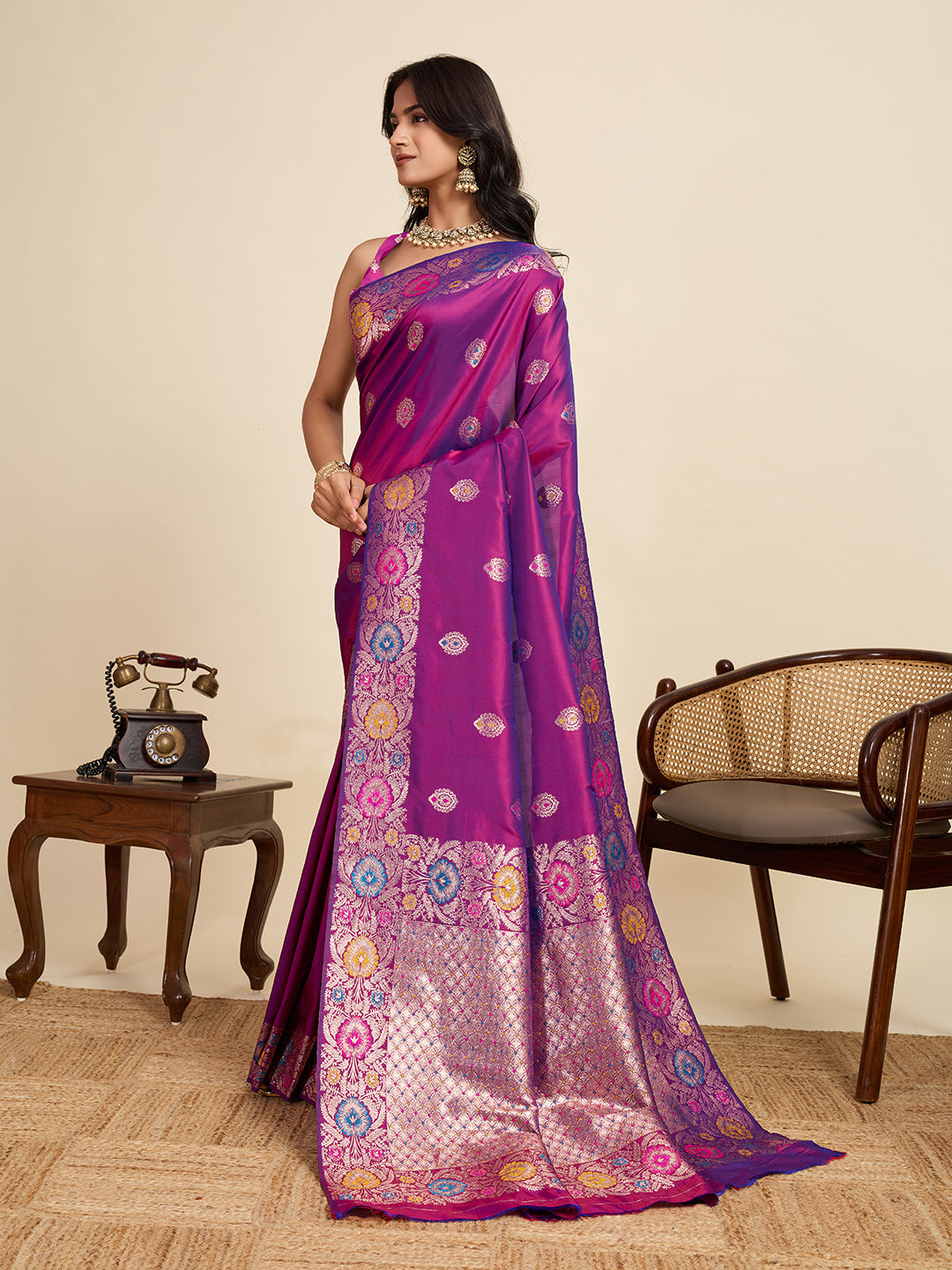 Vedant Vastram Soft Litchi Silk Banarasi Silk Jacquard Saree - Purple | Grocsy