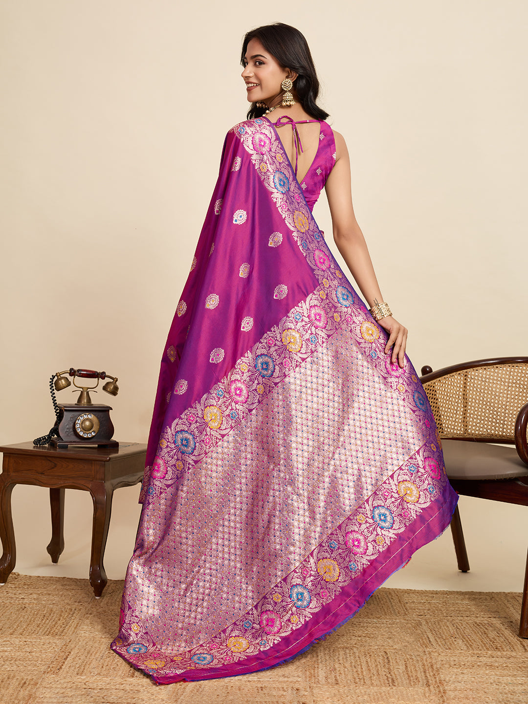 Vedant Vastram Soft Litchi Silk Banarasi Silk Jacquard Saree - Purple | Grocsy