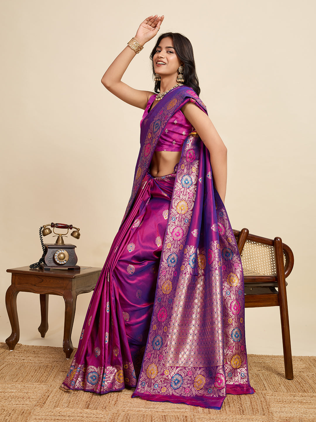 Vedant Vastram Soft Litchi Silk Banarasi Silk Jacquard Saree - Purple | Grocsy