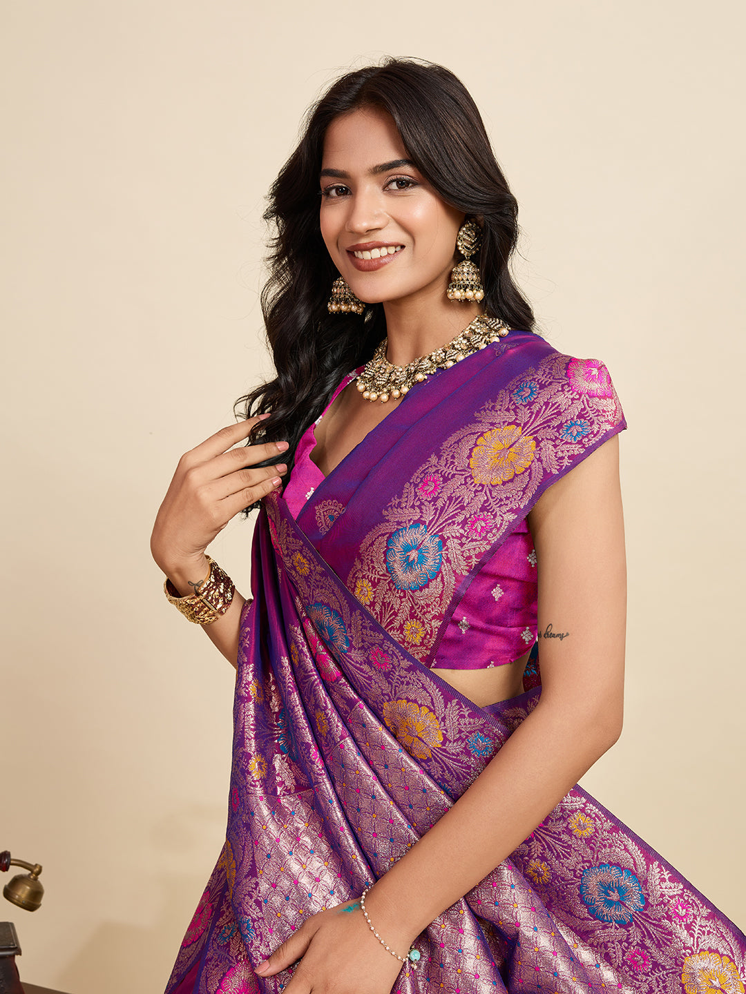 Vedant Vastram Soft Litchi Silk Banarasi Silk Jacquard Saree - Purple | Grocsy