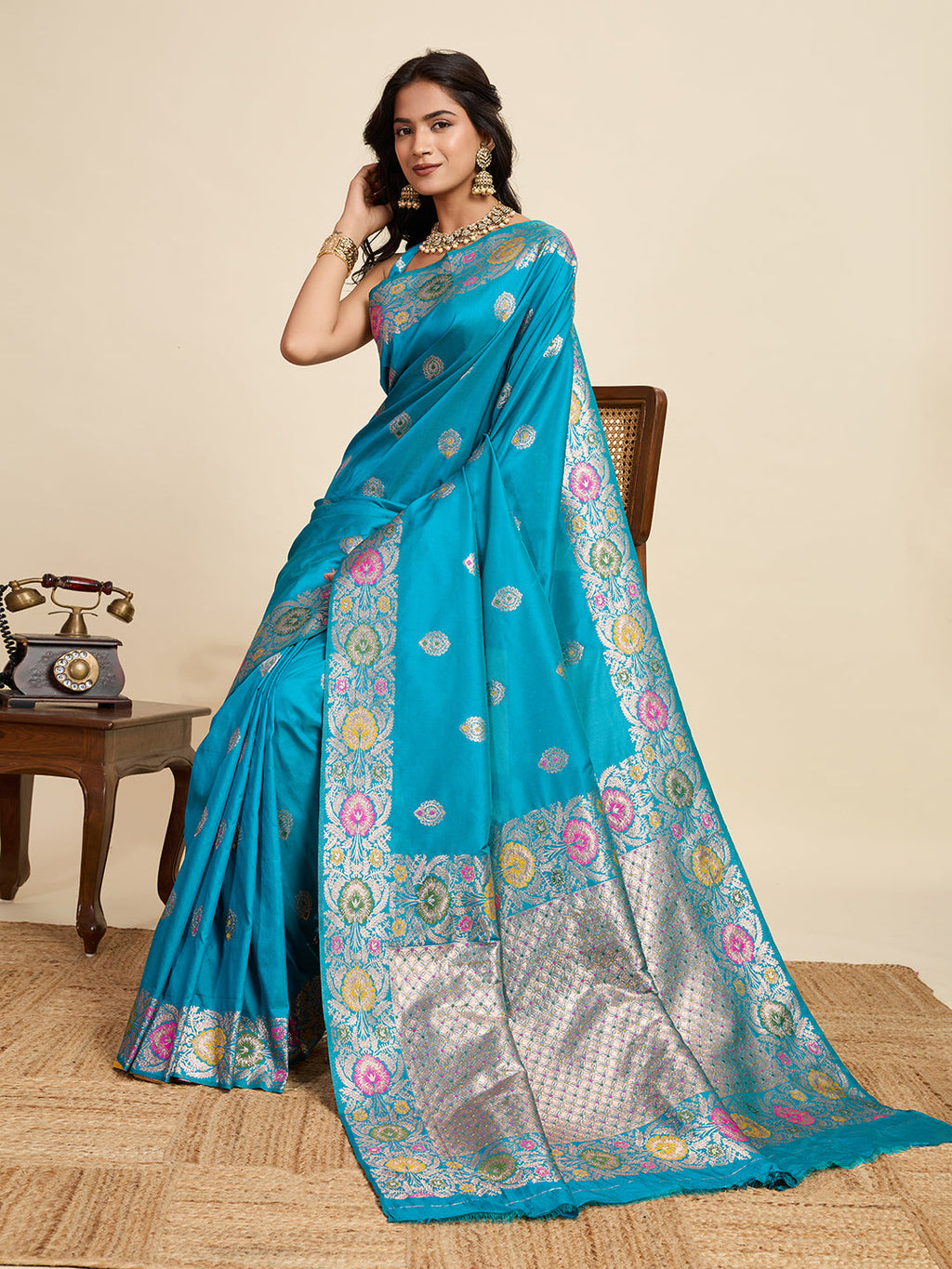 Vedant Vastram Soft Litchi Silk Banarasi Silk Jacquard Saree - Rama | Grocsy