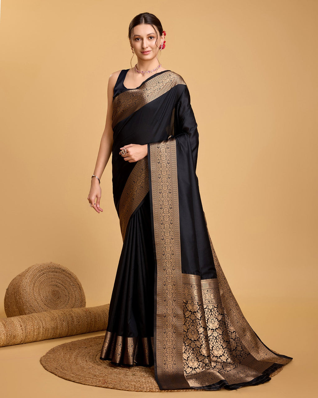 Vedant Vastram Soft Litchi Silk Banarasi Silk Saree - Black | Grocsy