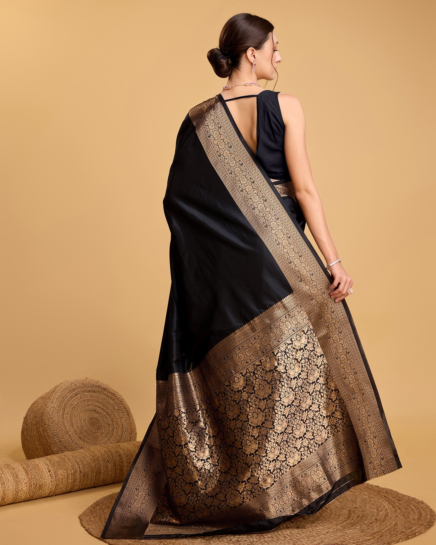 Vedant Vastram Soft Litchi Silk Banarasi Silk Saree - Black | Grocsy