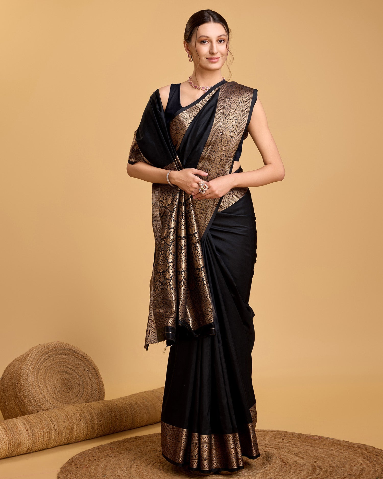 Vedant Vastram Soft Litchi Silk Banarasi Silk Saree - Black | Grocsy