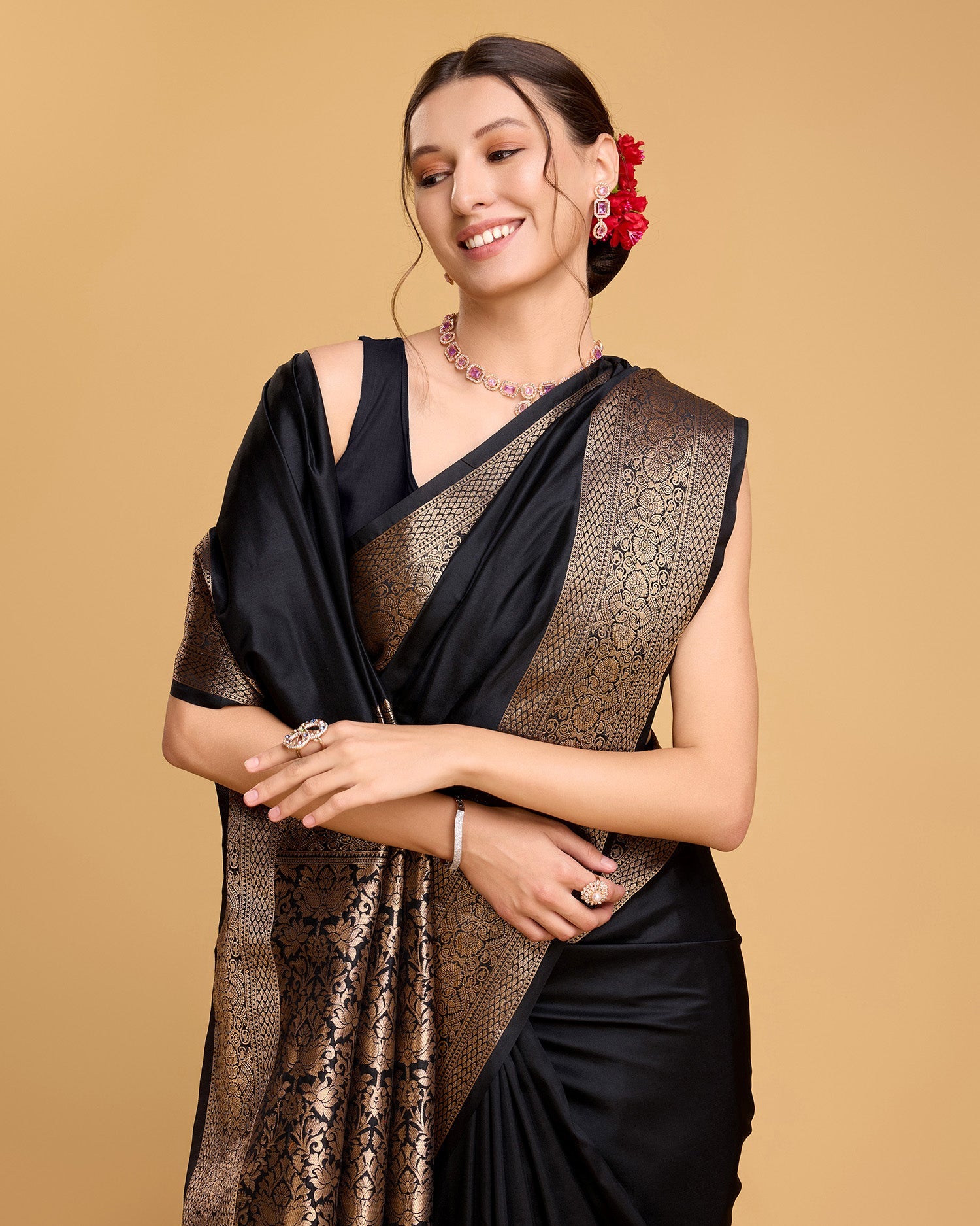 Vedant Vastram Soft Litchi Silk Banarasi Silk Saree - Black | Grocsy