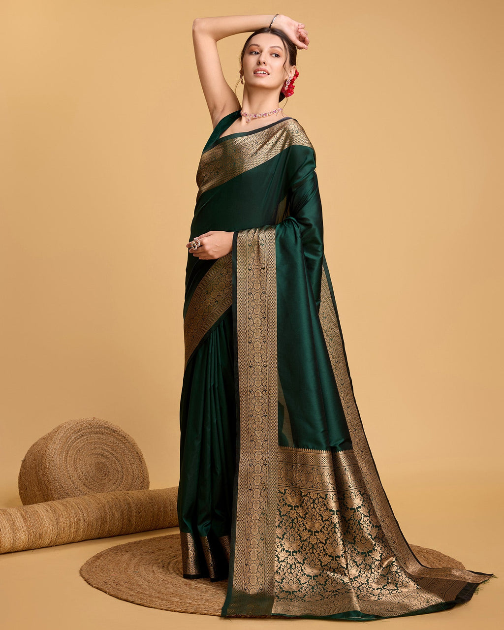 Vedant Vastram Soft Litchi Silk Banarasi Silk Saree - Green | Grocsy