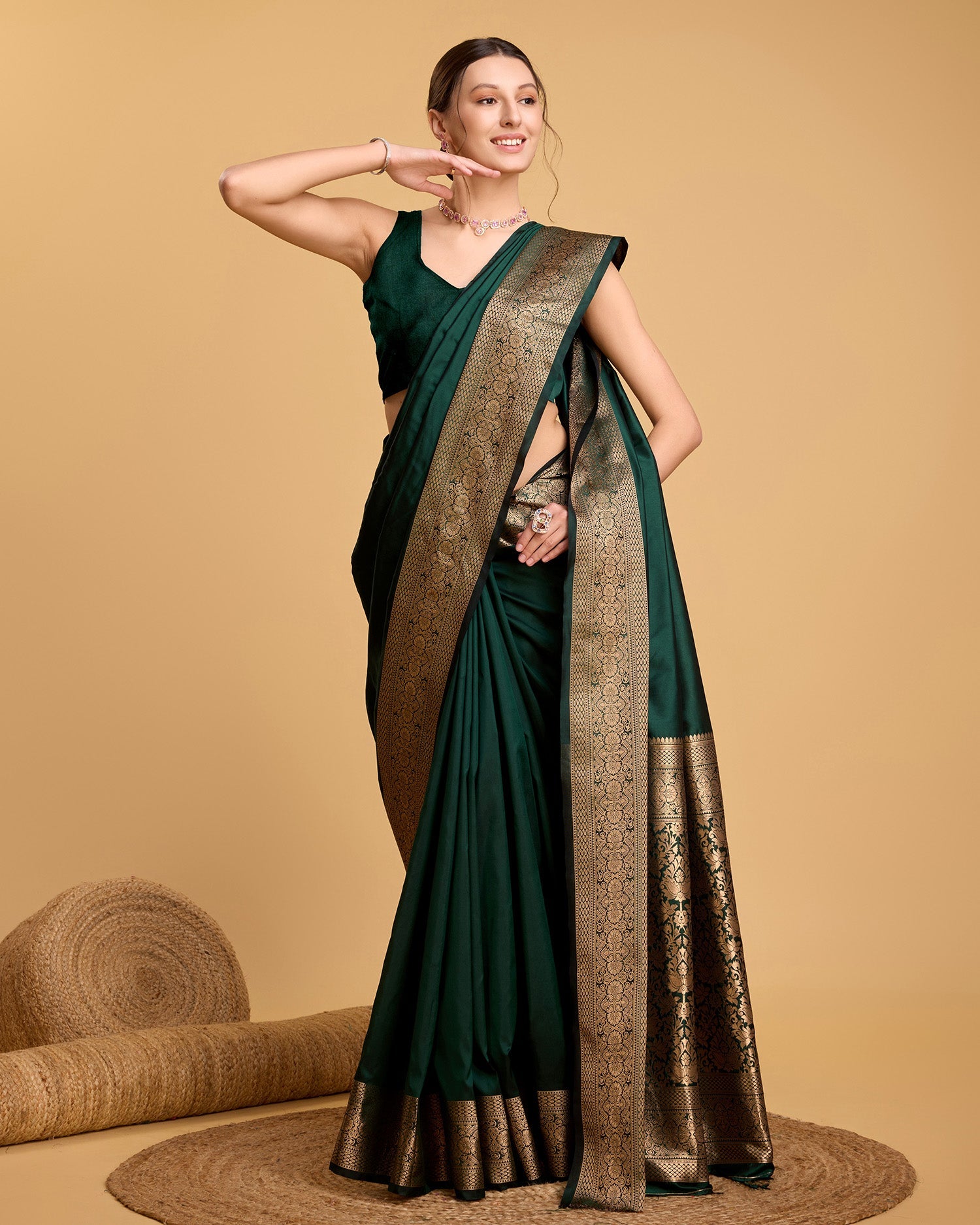 Vedant Vastram Soft Litchi Silk Banarasi Silk Saree - Green | Grocsy